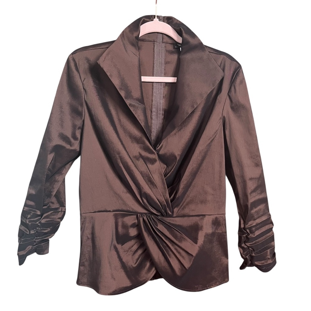 Tadashi Shoji Brown Stretch Taffeta Twist Front 3/4 Sleeve Evening Blouse Sz 12